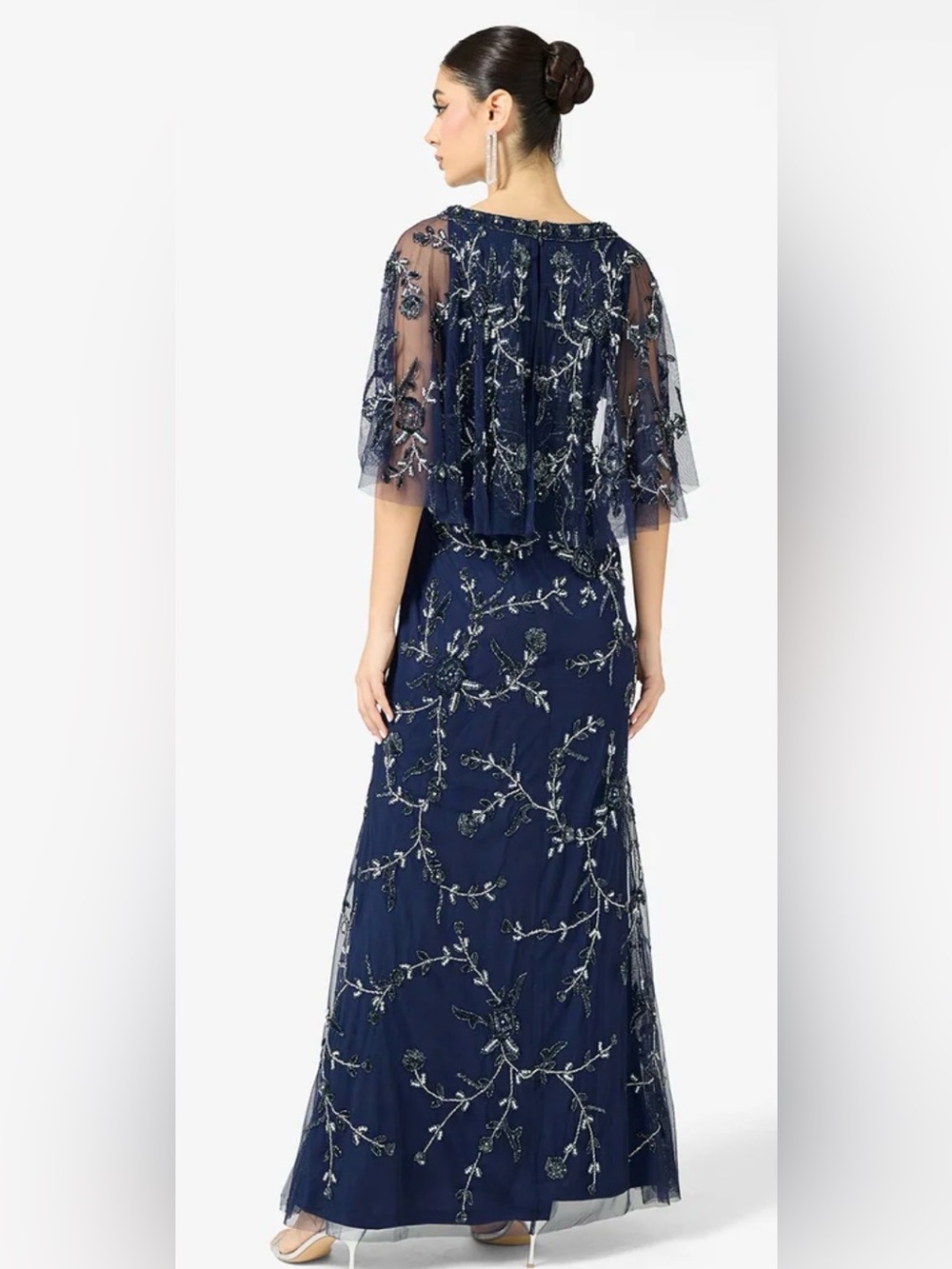 ADRIANNA PAPELL Navy Blue Beaded Mesh Blouson Column Gown. Size 8. NWT. - Picture 2 of 7